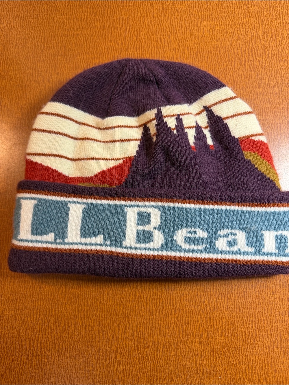 L.L. Bean Mountain Knit Beanie in Purple with Cream and Red Accents